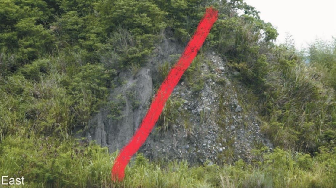 池上斷層。左側為利吉層的泥岩往右逆衝。（圖片來源：劉瑩三教授）