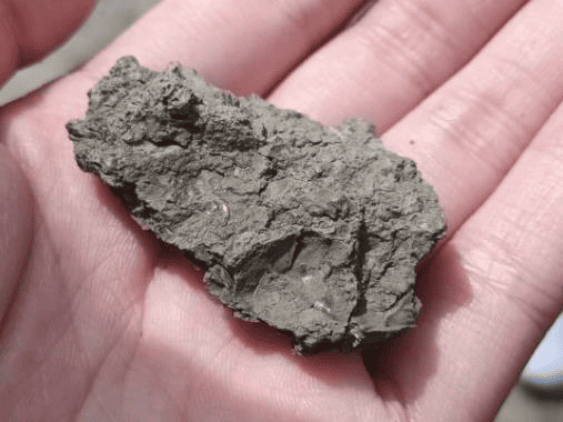 利吉惡地撥下來的岩塊。發亮的部分為泥岩在板塊錯動摩擦過的痕跡。發生時間大概在 500 萬年前，持續到現在。